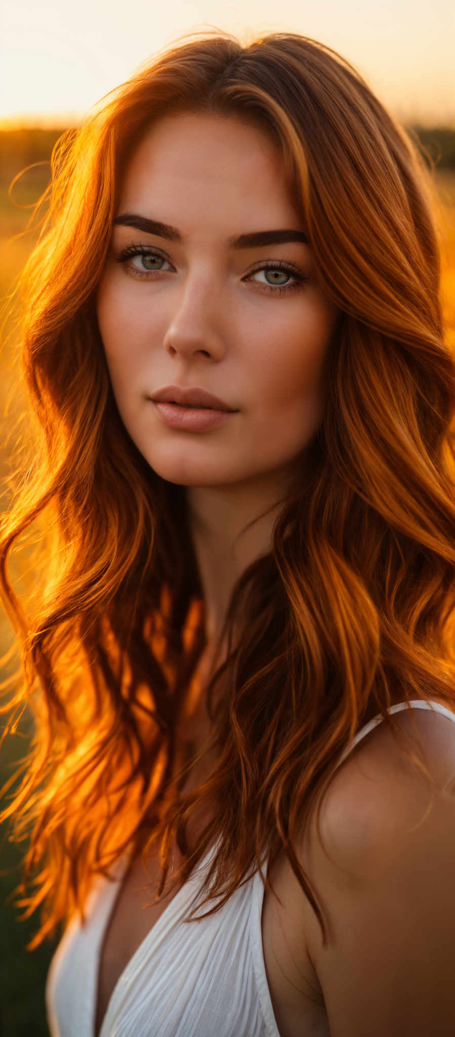 A woman with long red hair is captured in a close-up shot. Her hair cascades down her shoulders catching the light and adding a warm glow to the image.

Her eyes a striking shade of blue are the focal point of the photo. They are wide open and gaze directly into the camera creating a sense of connection with the viewer.

Her lips are slightly parted adding a touch of intrigue to her expression. The slight pinkish hue of her lips complements her fair complexion.

The background is blurred drawing attention to the woman and making her the undeniable subject of the photograph. The warm orange tint of the background contrasts beautifully with the woman's red hair and blue eyes enhancing the overall composition of the shot.

This image captures a moment of quiet intensity with the young woman's direct gaze and the warm orange background creating a captivating visual narrative.