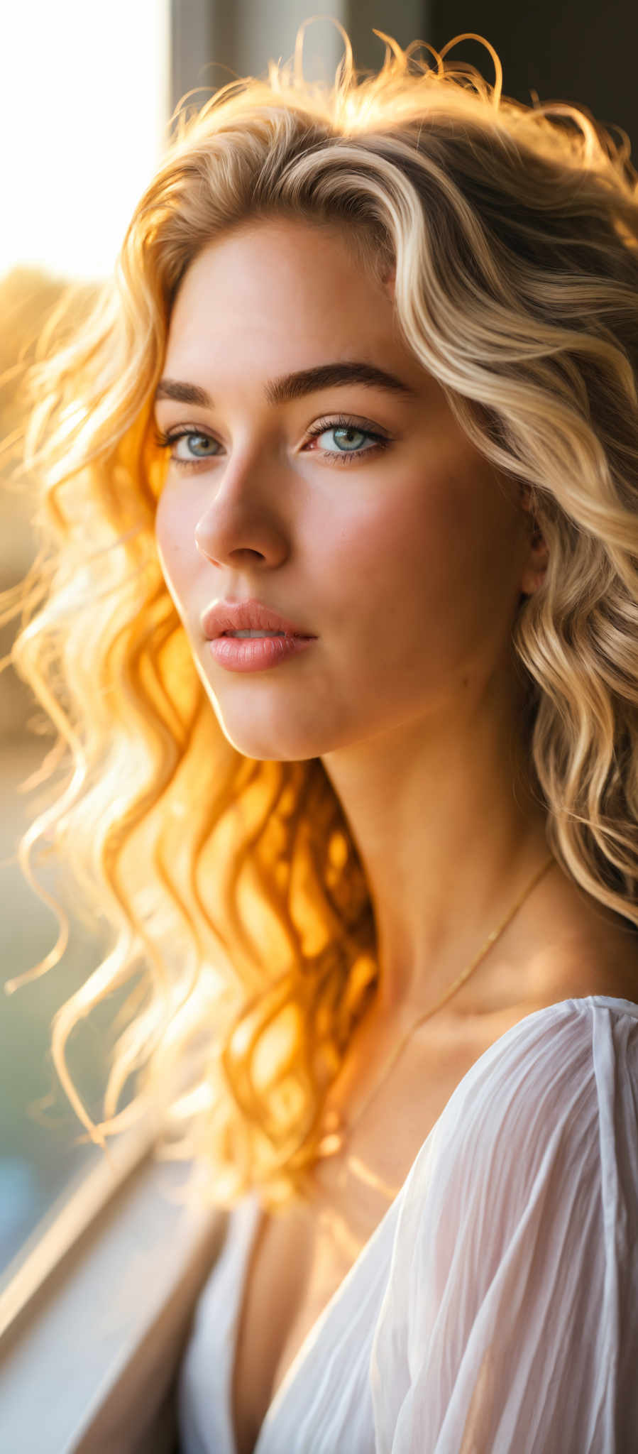 A blonde woman with blue eyes and a gold necklace.