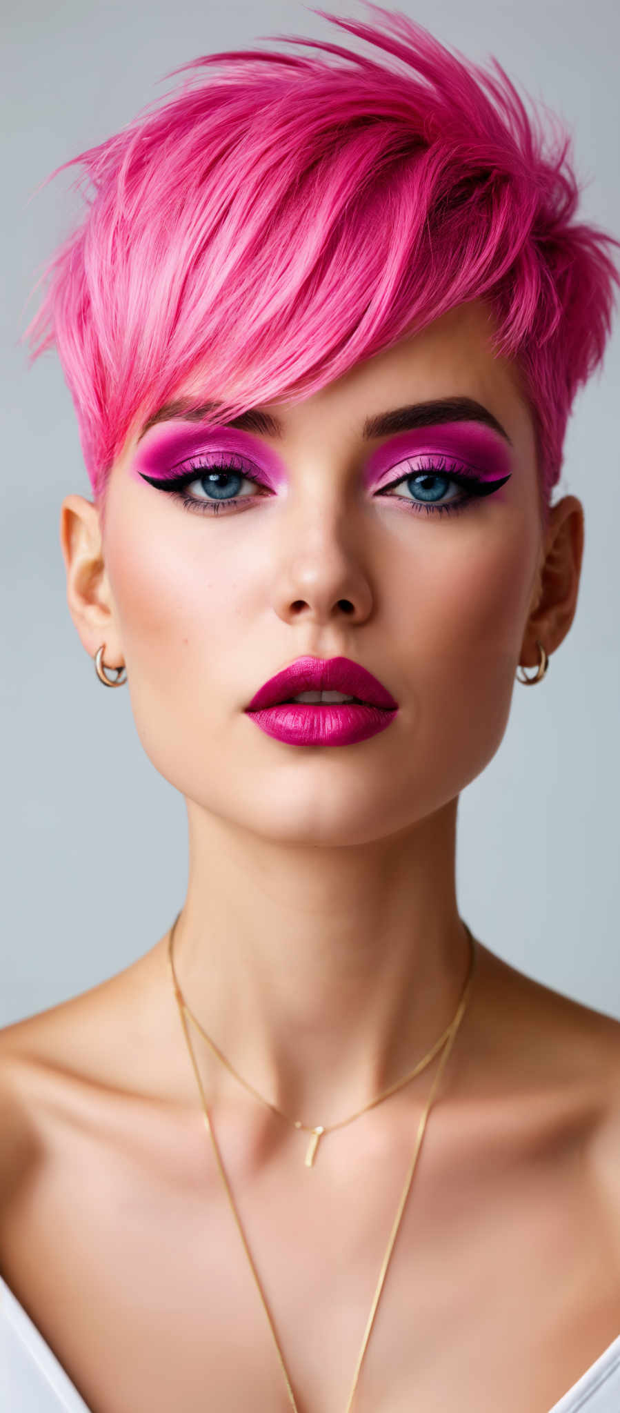 A woman with pink hair and pink lipstick.