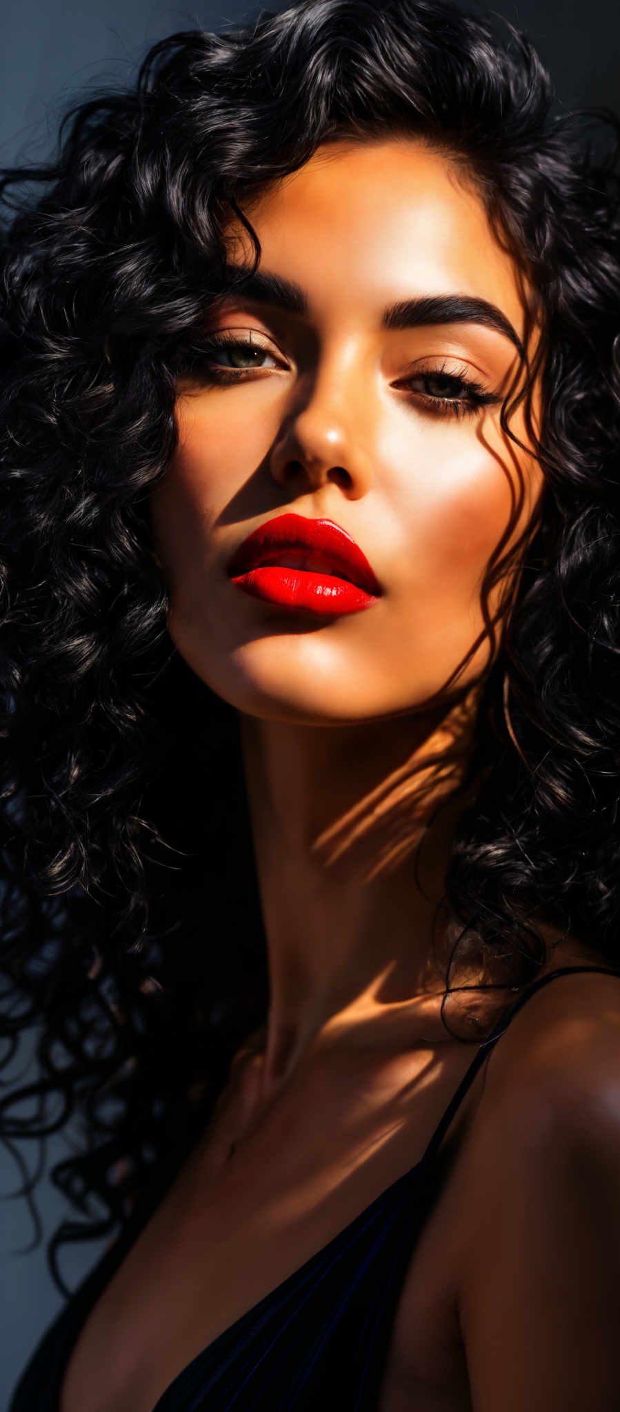 A woman with long black hair and red lipstick.