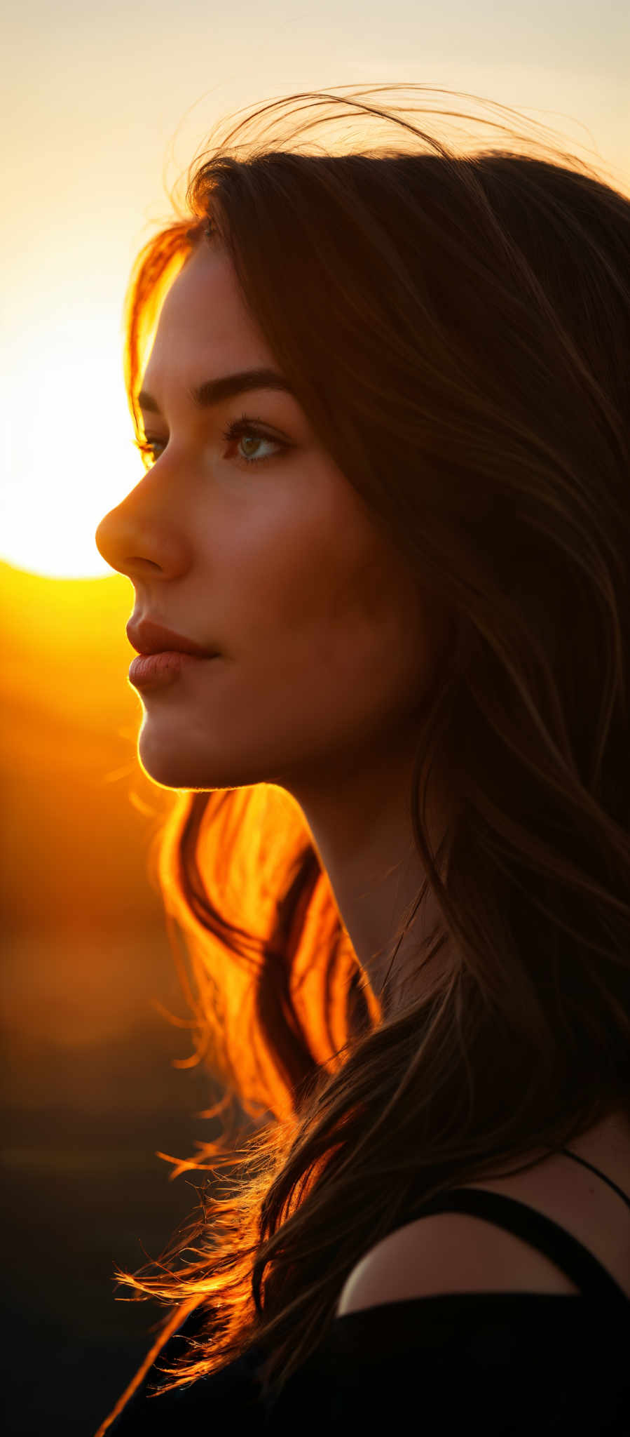 A woman with long brown hair is looking up at the sun.