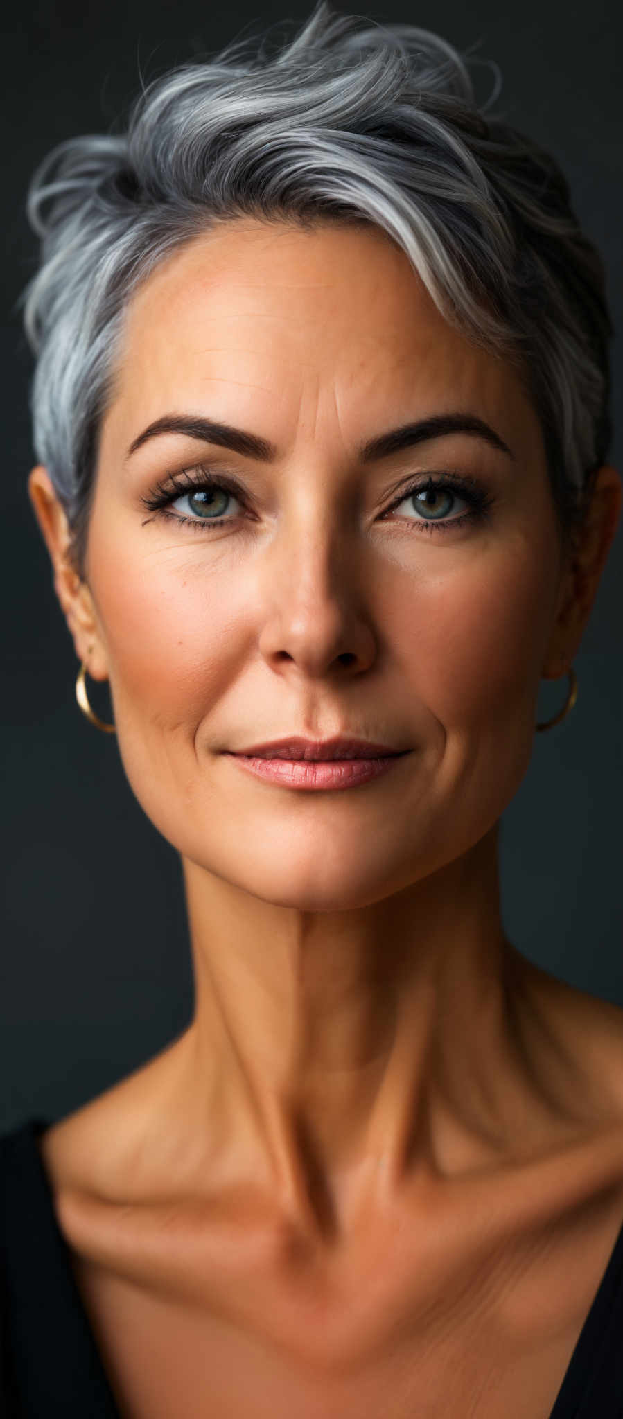 A woman with short gray hair and gold hoop earrings. She is wearing a pink lipstick.