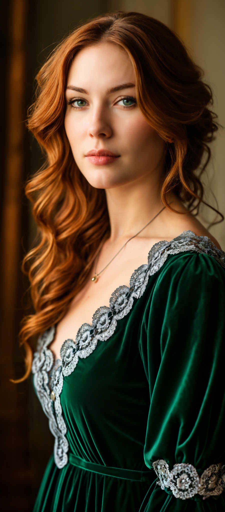 A woman with long red hair is wearing a green dress. The dress has a lace neckline and is adorned with a gold necklace. The background is blurred but it appears to be a room with a wooden floor.