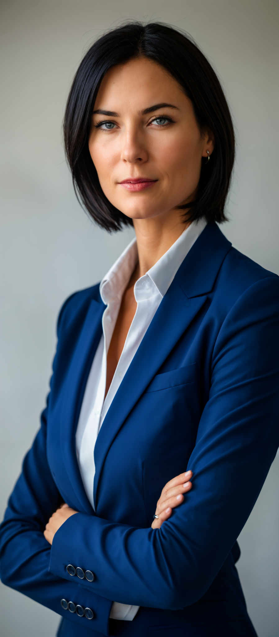 A woman wearing a blue blazer and white shirt.