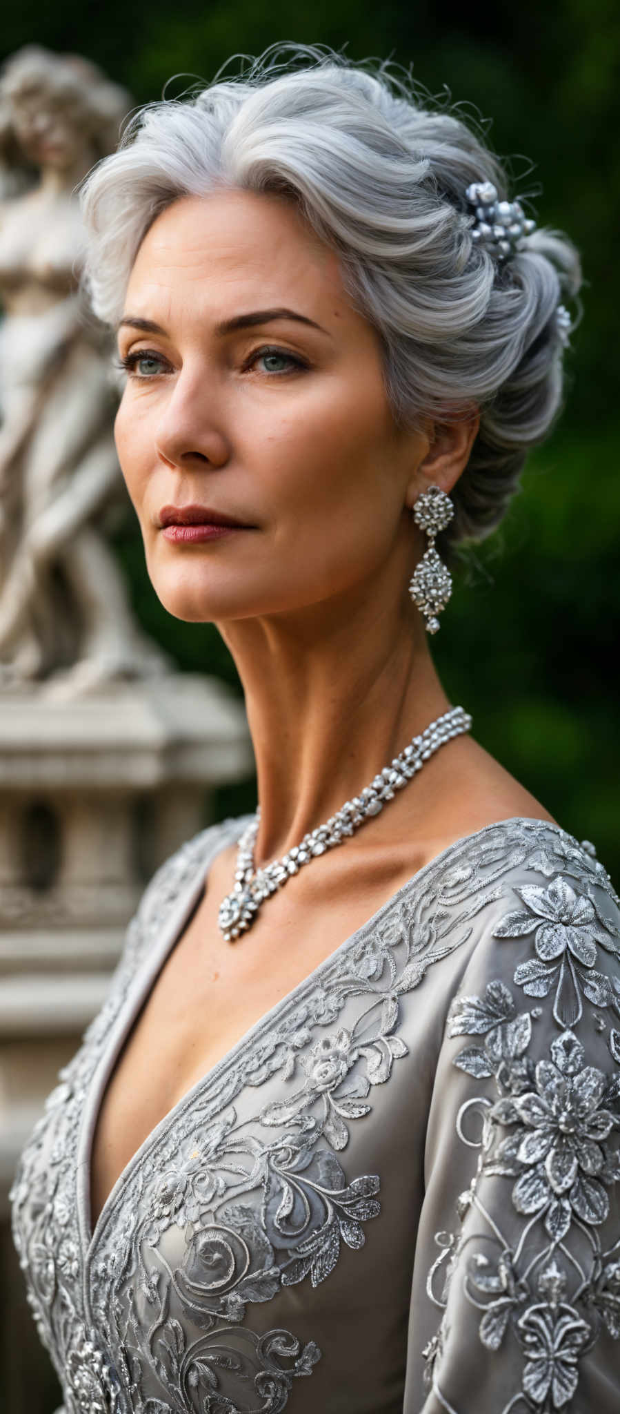 A woman wearing a silver necklace and earrings.