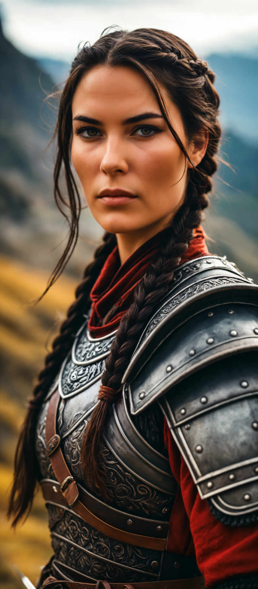 A woman in a medieval costume with a long braid and a red scarf. She is wearing a silver armor with a chainmail pattern.