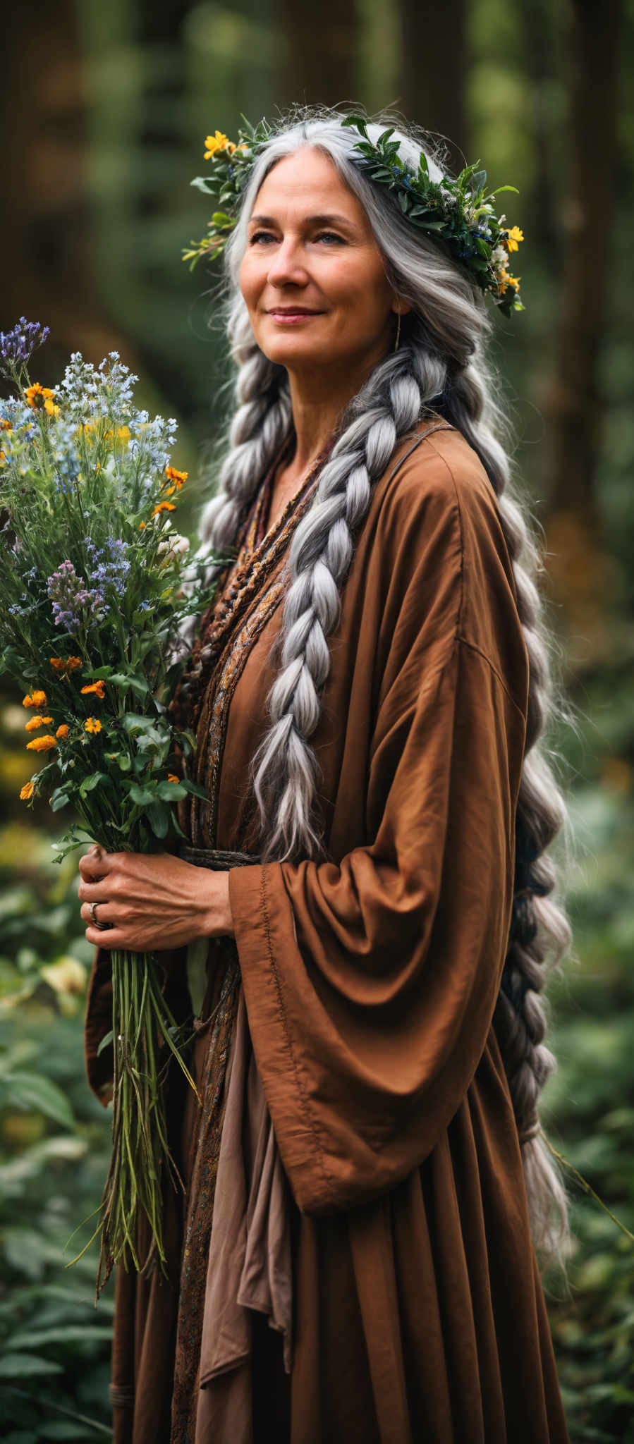 A woman with long gray hair is holding a bouquet of flowers. She is wearing a brown robe and a headscarf.