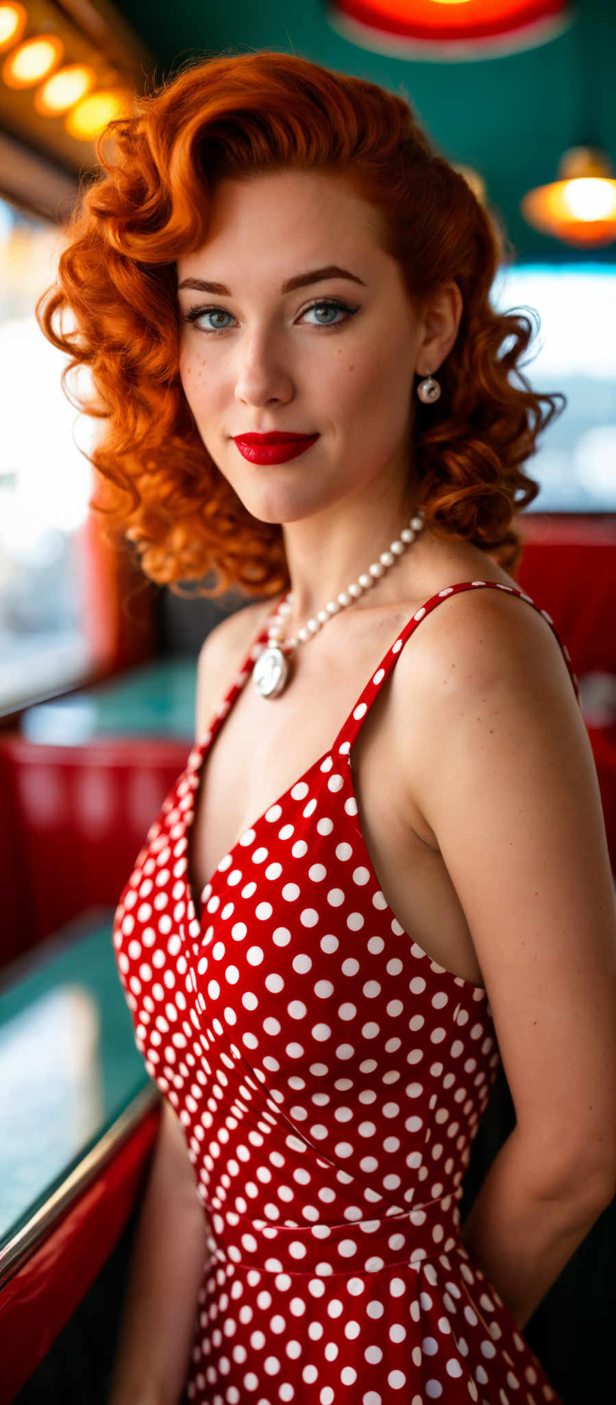 A woman with red hair is wearing a red and white polka dot dress. She is also wearing a pearl necklace and a silver watch.