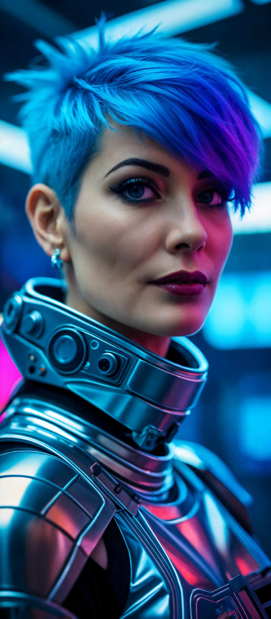 A woman with blue hair and a purple lipstick is wearing a futuristic looking silver and black suit.