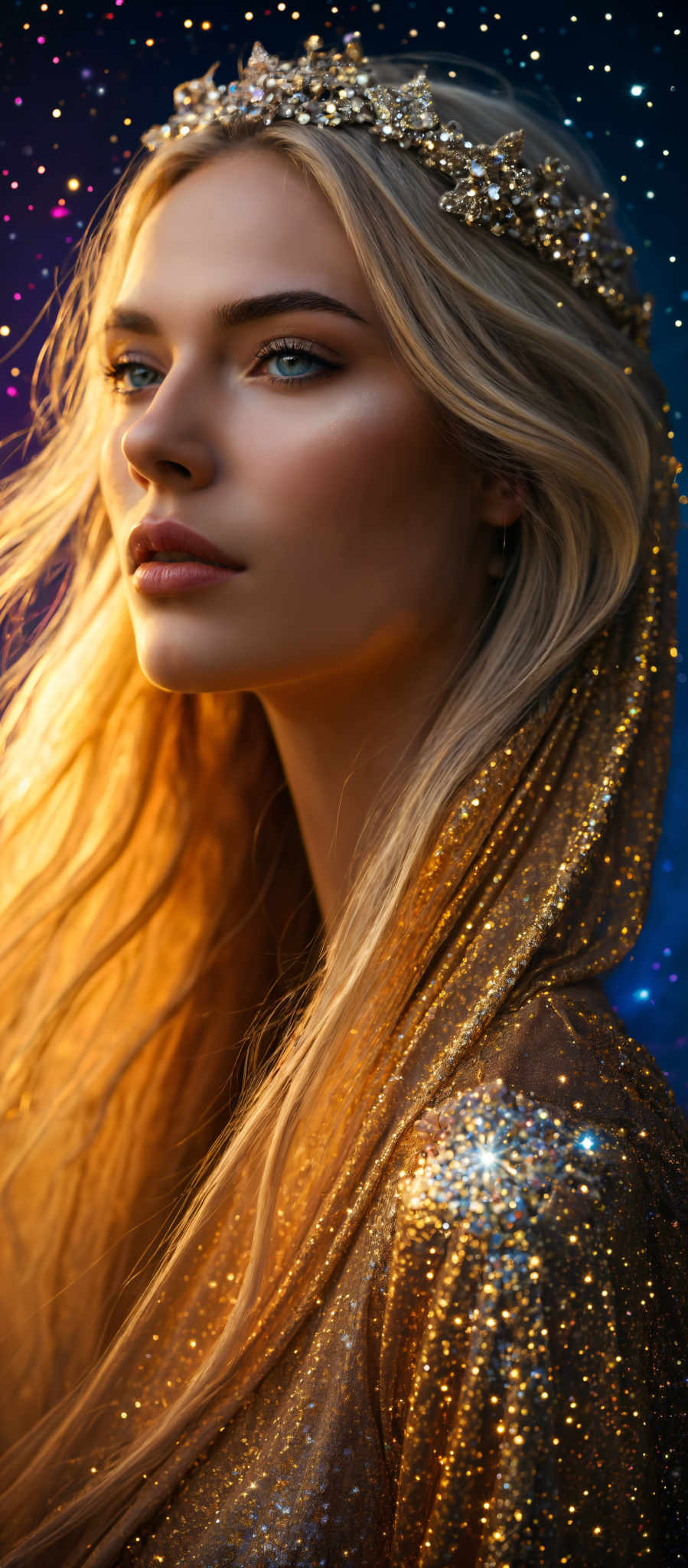 A blonde woman with long hair is wearing a gold sequin top.