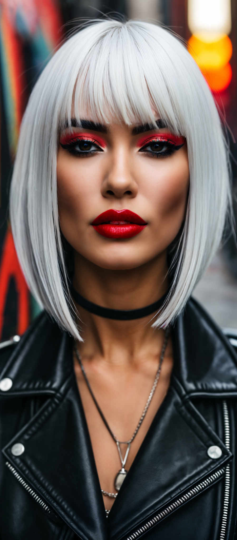 A woman with blonde hair and red lipstick is wearing a black leather jacket.