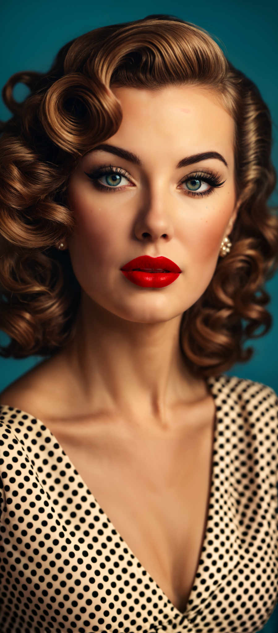 A woman with red lipstick and a polka dot dress.