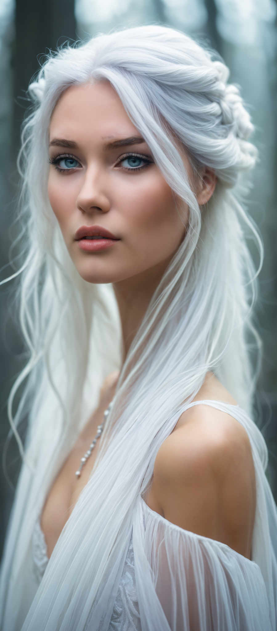 A woman with long white hair and a pearl necklace.