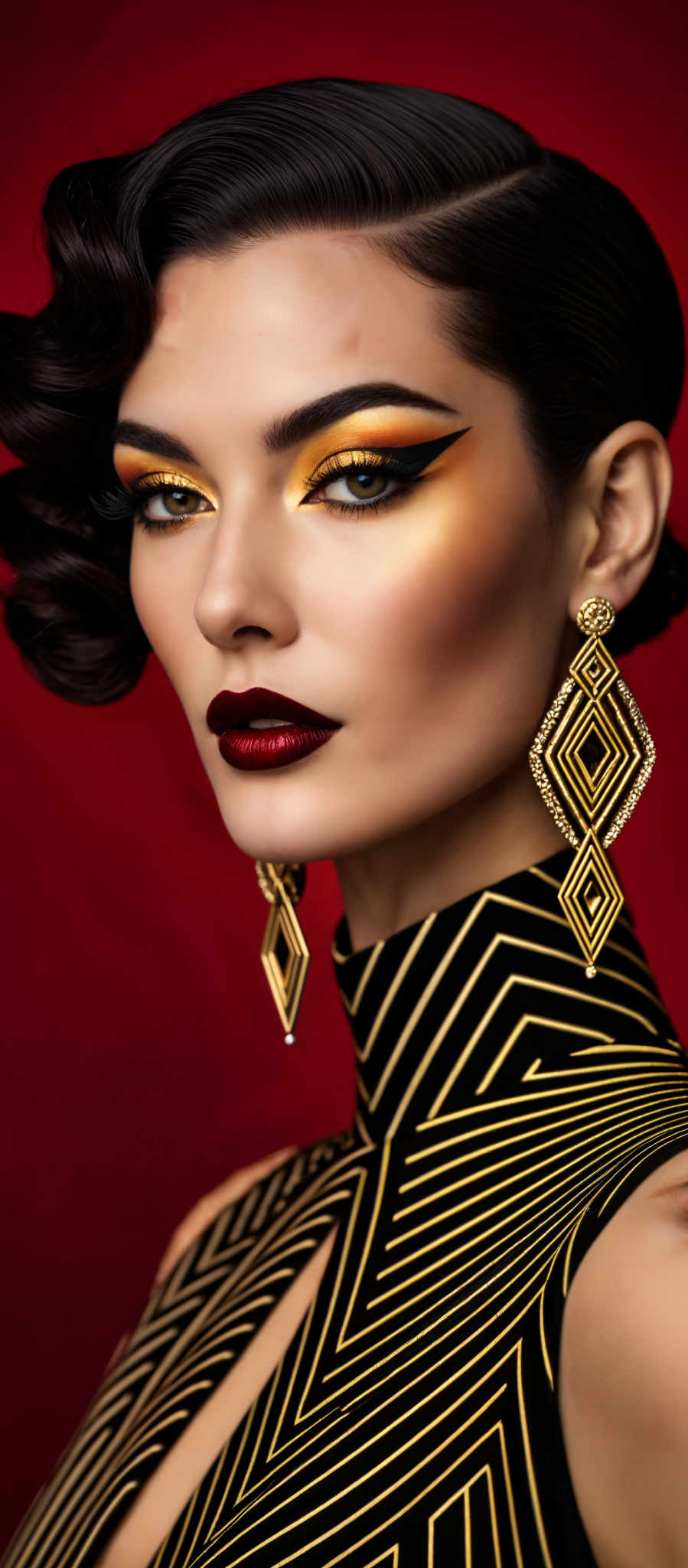 A woman with a red lipstick and gold eye shadow is wearing large gold earrings.