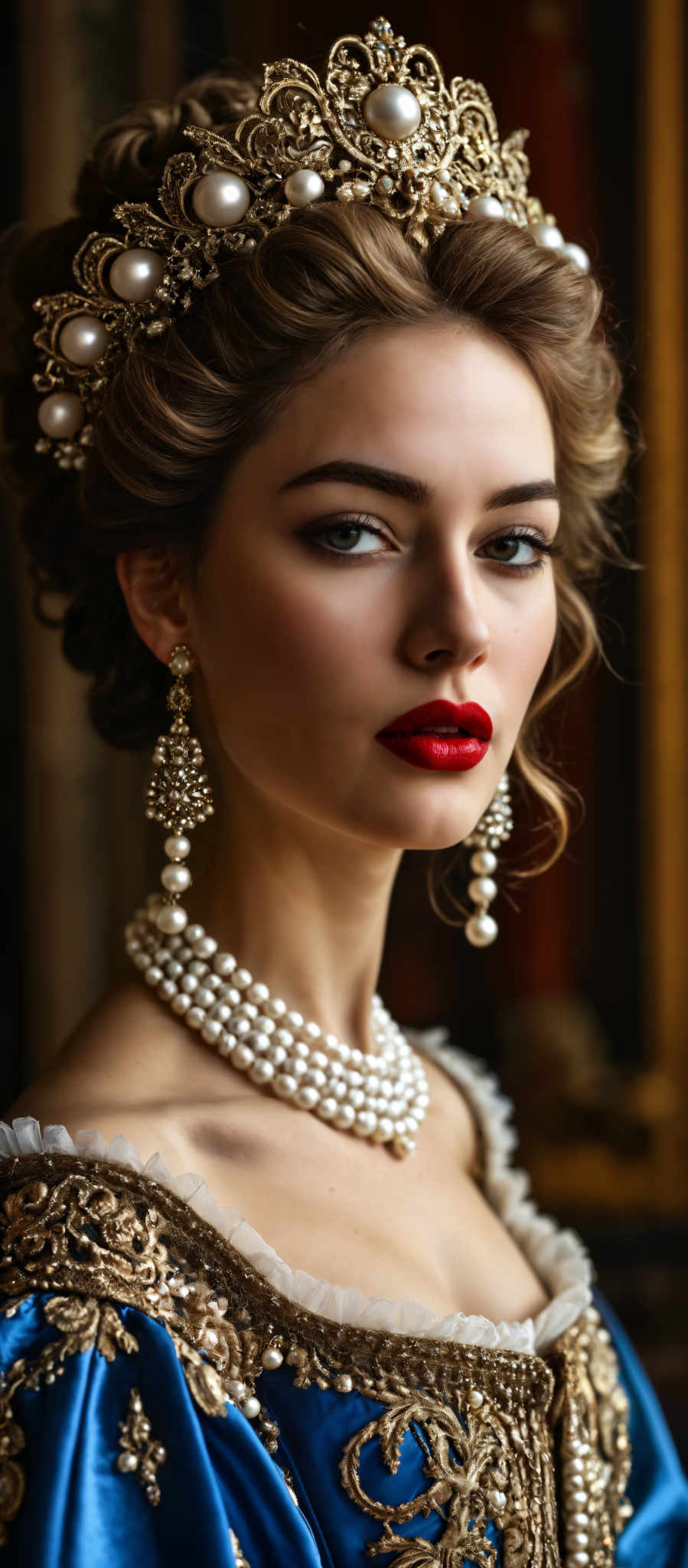 A woman wearing a pearl necklace and earrings.