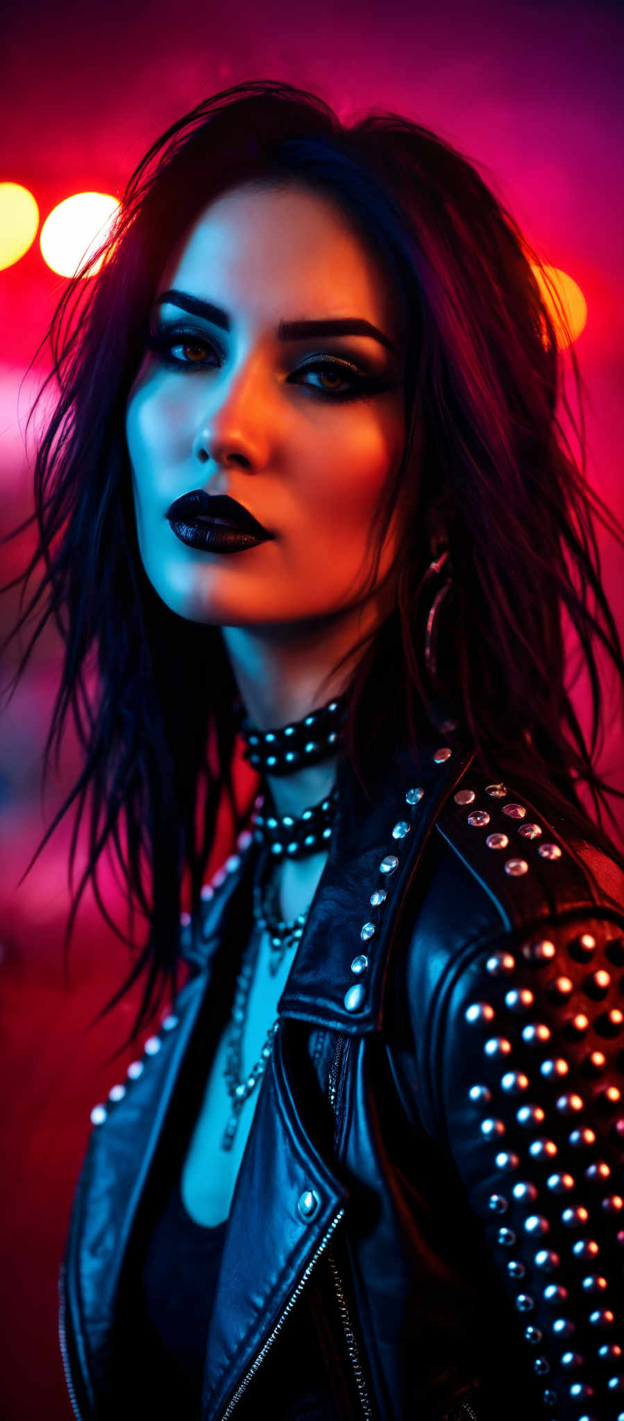 A woman with long black hair and bangs is wearing a black leather jacket with silver studs. She has dark lipstick and is looking off to the side.