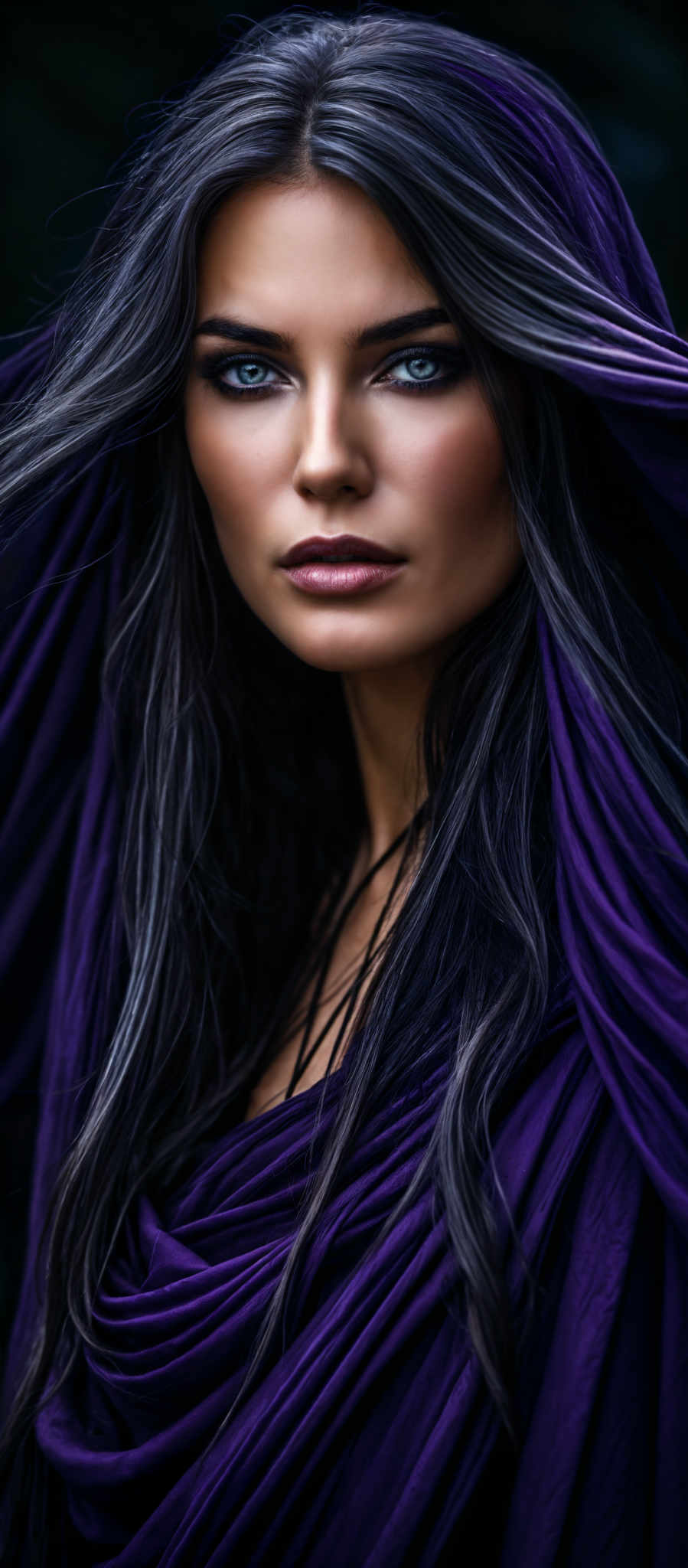 A woman with long dark hair is wearing a purple scarf.