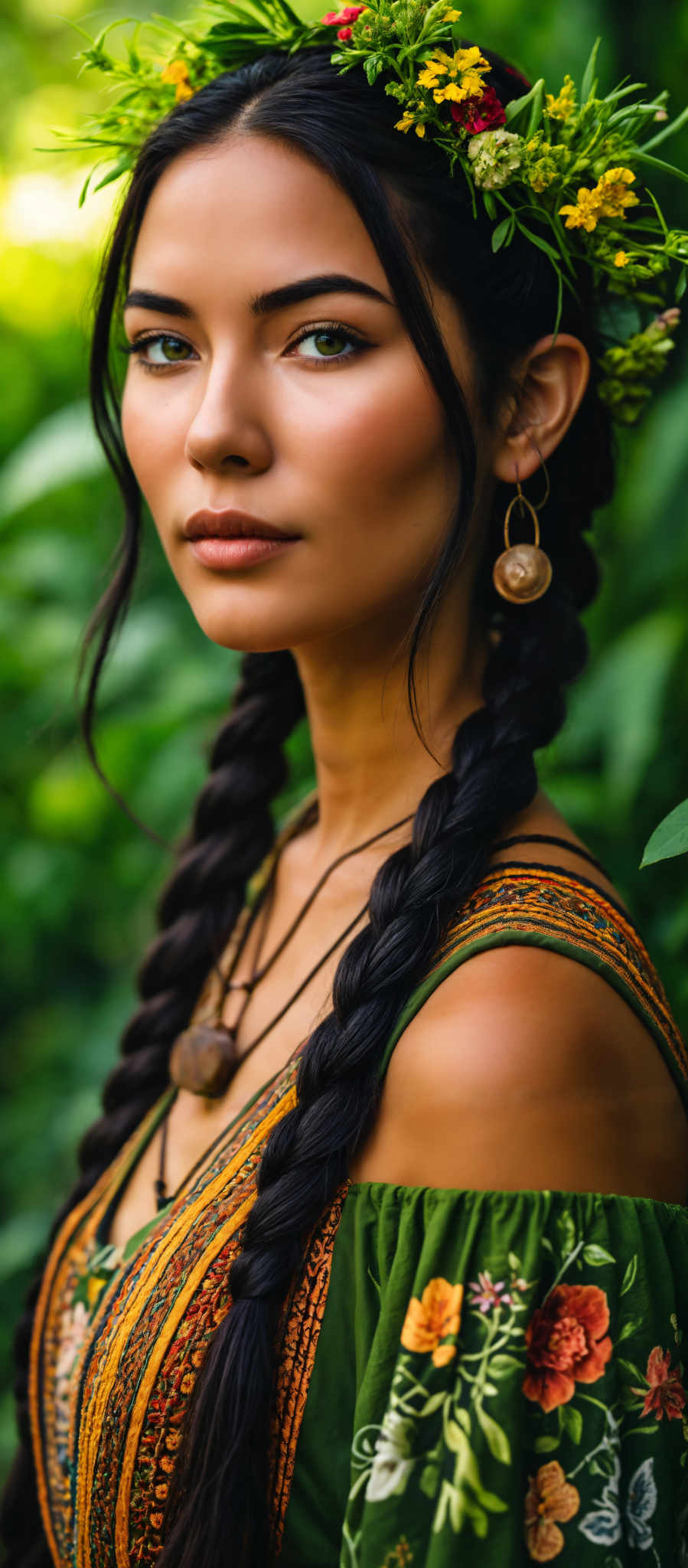 A woman with long black braided hair is wearing a necklace and earrings.