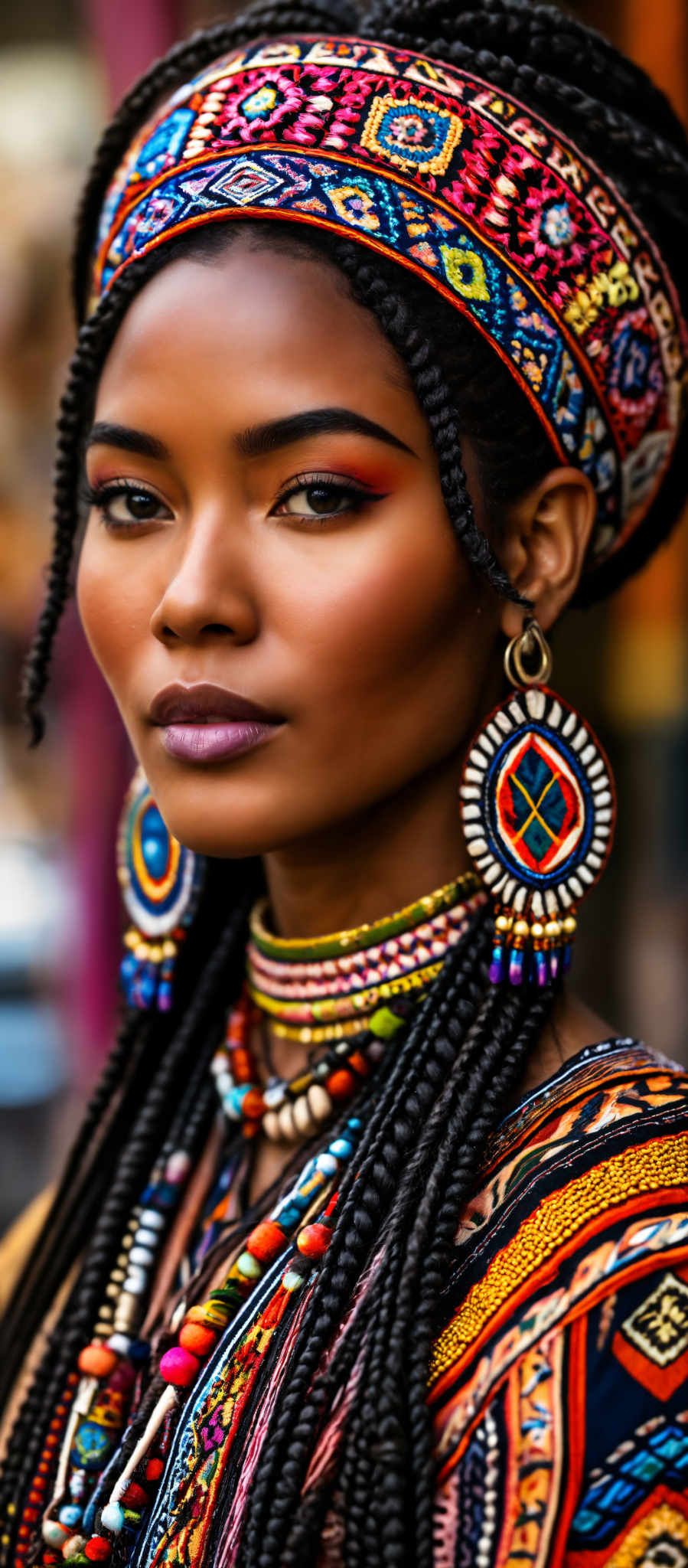 A woman with a colorful necklace and earrings.