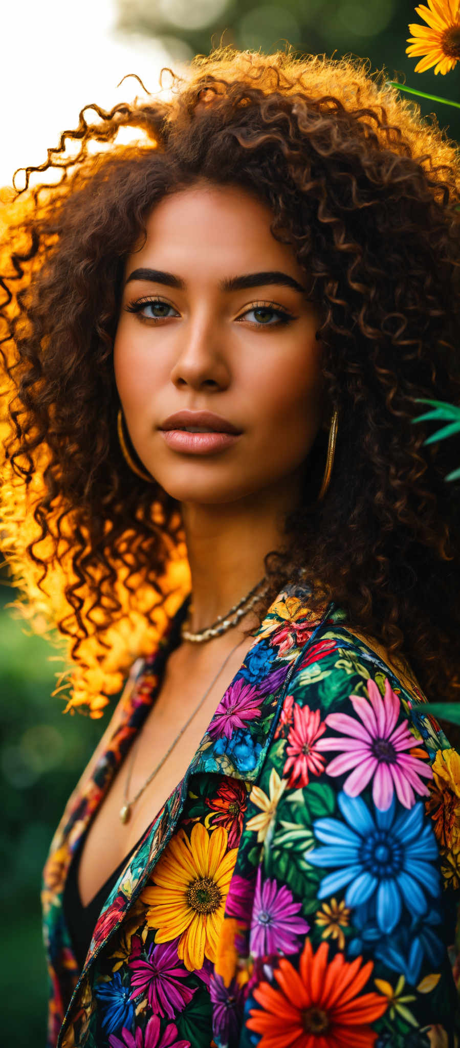 A woman with curly hair and a necklace is wearing a colorful dress.