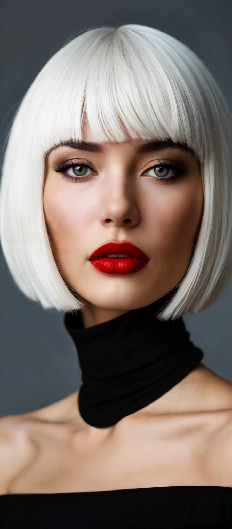 A woman with blonde hair and red lipstick.