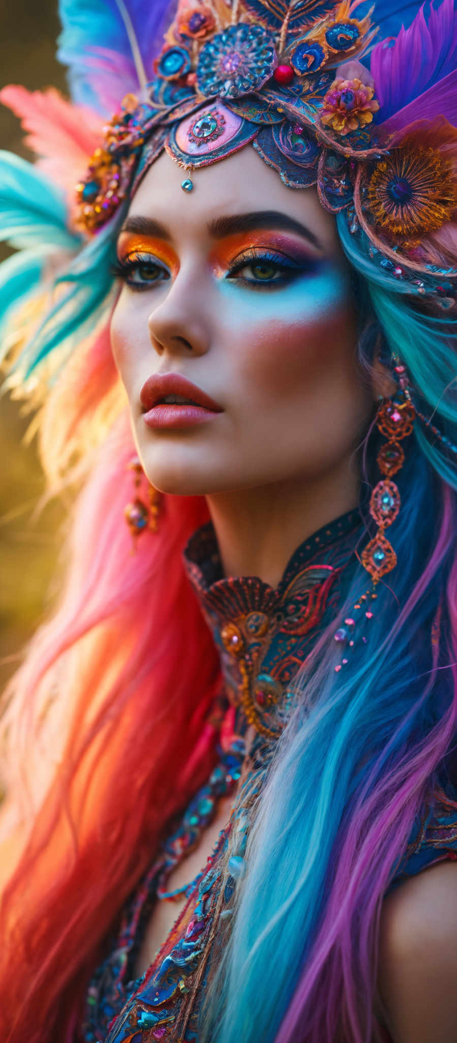 A woman with long colorful hair and a blue and pink makeup look.