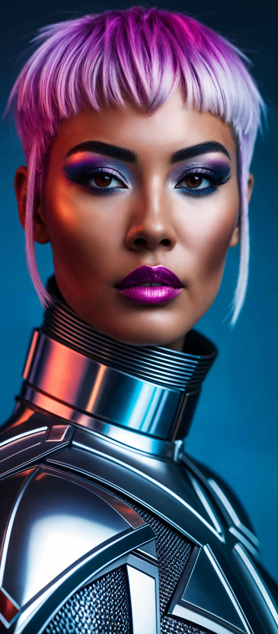 A woman with purple hair and lipstick is wearing a silver and blue armor.