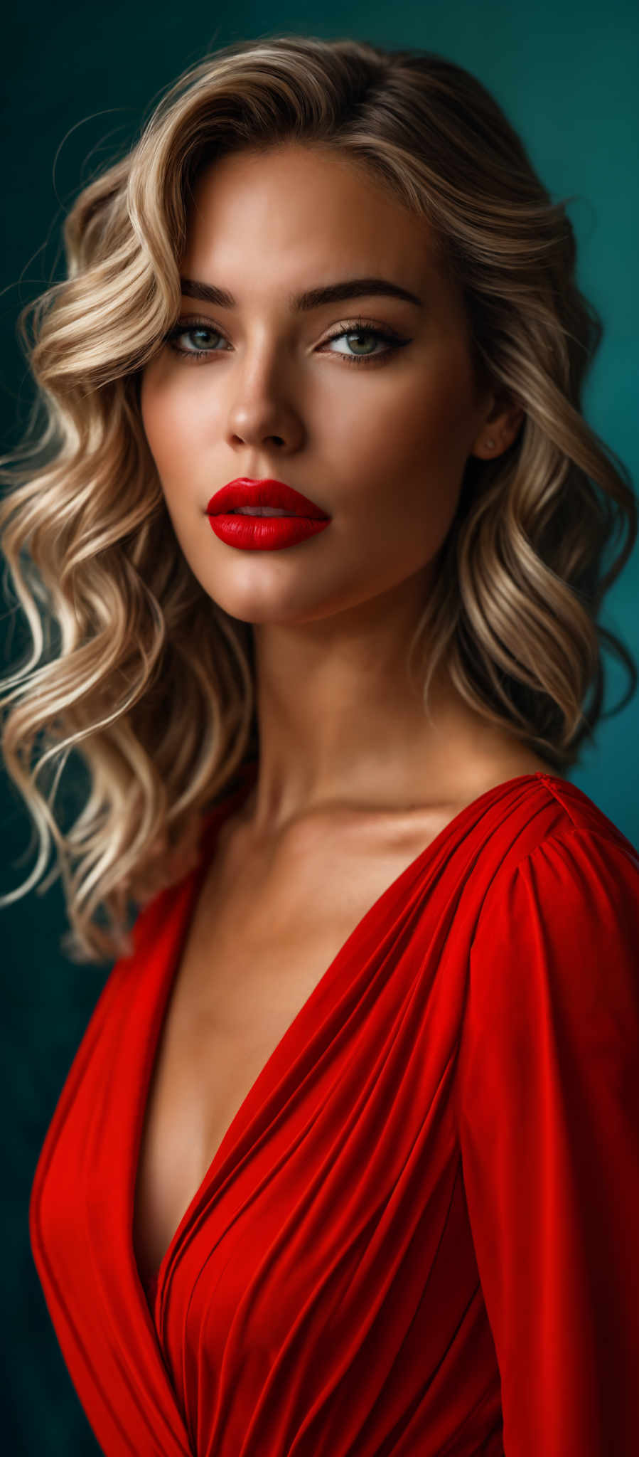 A woman with blonde hair and red lipstick.