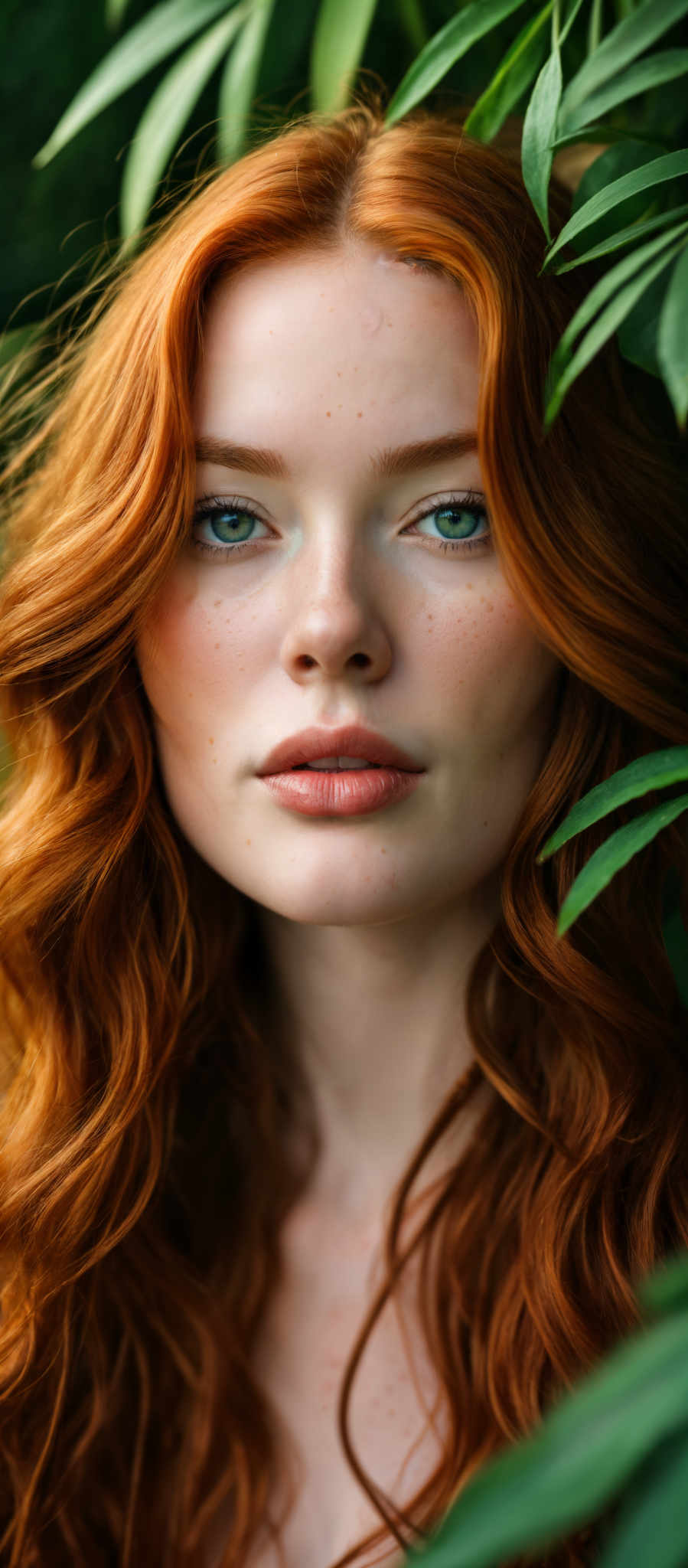 A woman with red hair and green eyes.