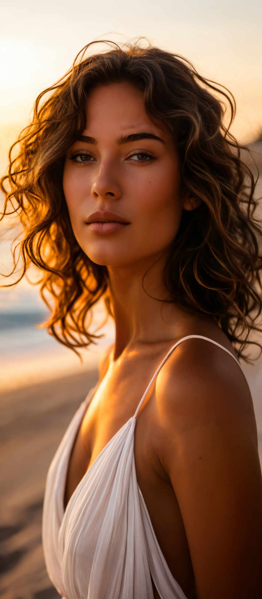 A woman with long brown hair and a white tank top.