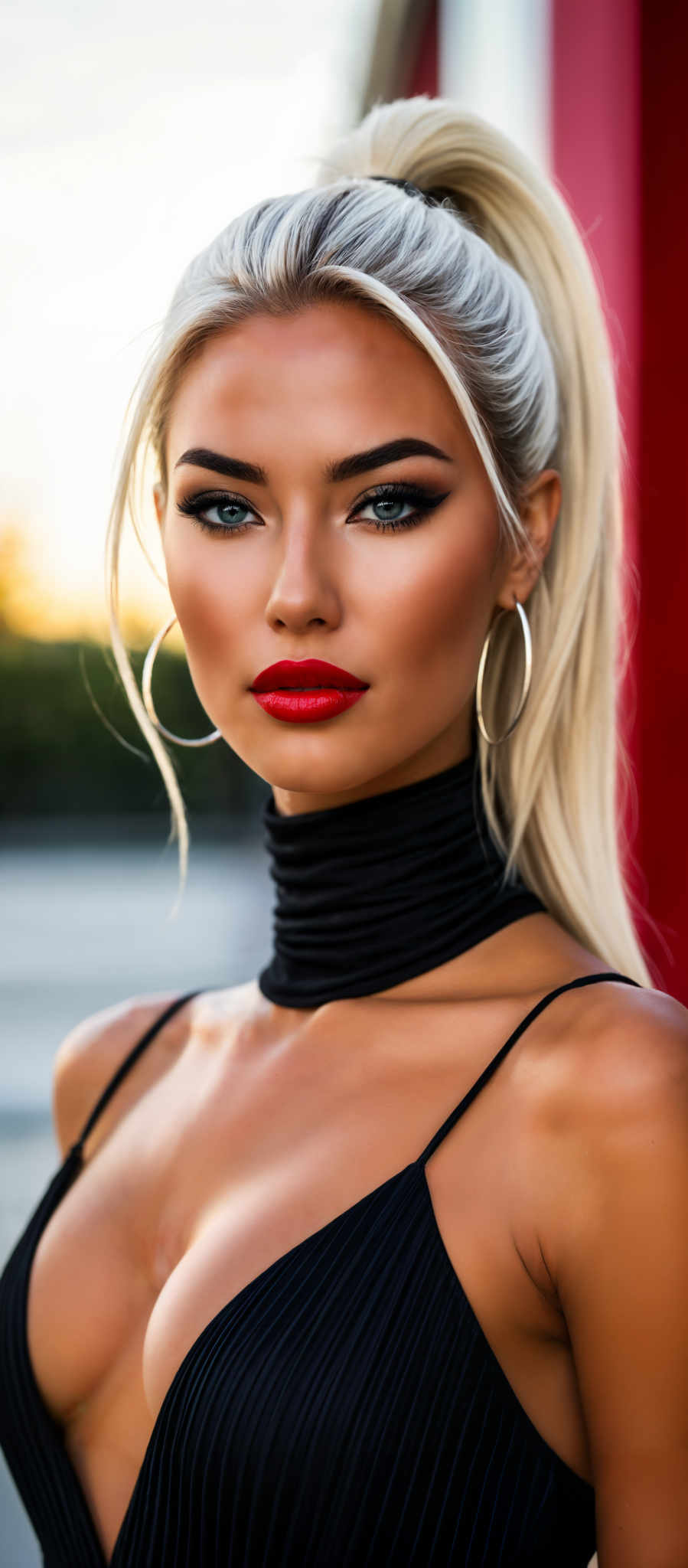 A blonde woman with red lipstick and large hoop earrings.