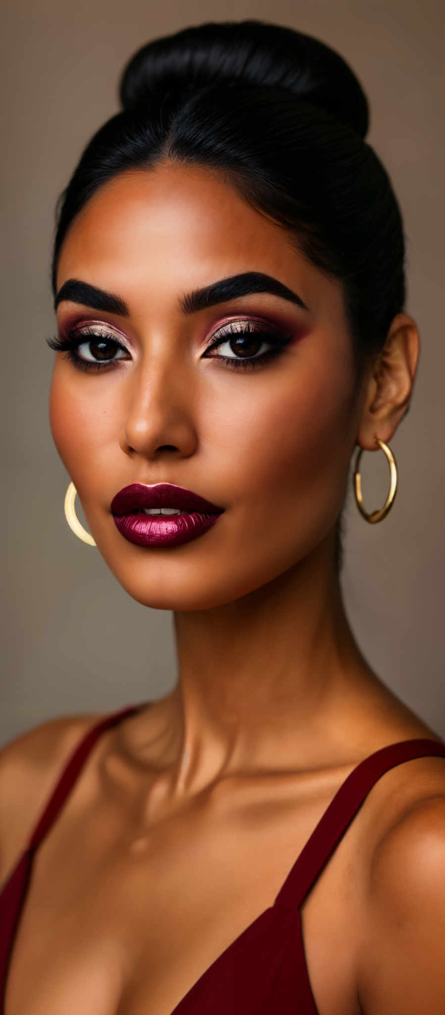 A woman with dark hair and gold hoop earrings is wearing a red lipstick.