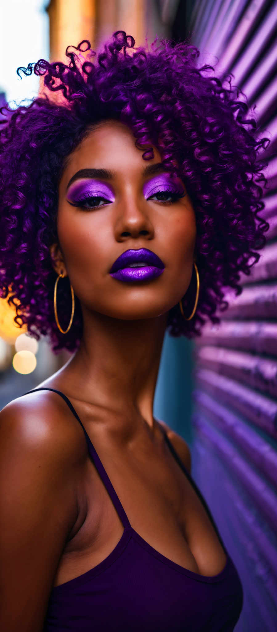 A woman with purple hair and purple lipstick.