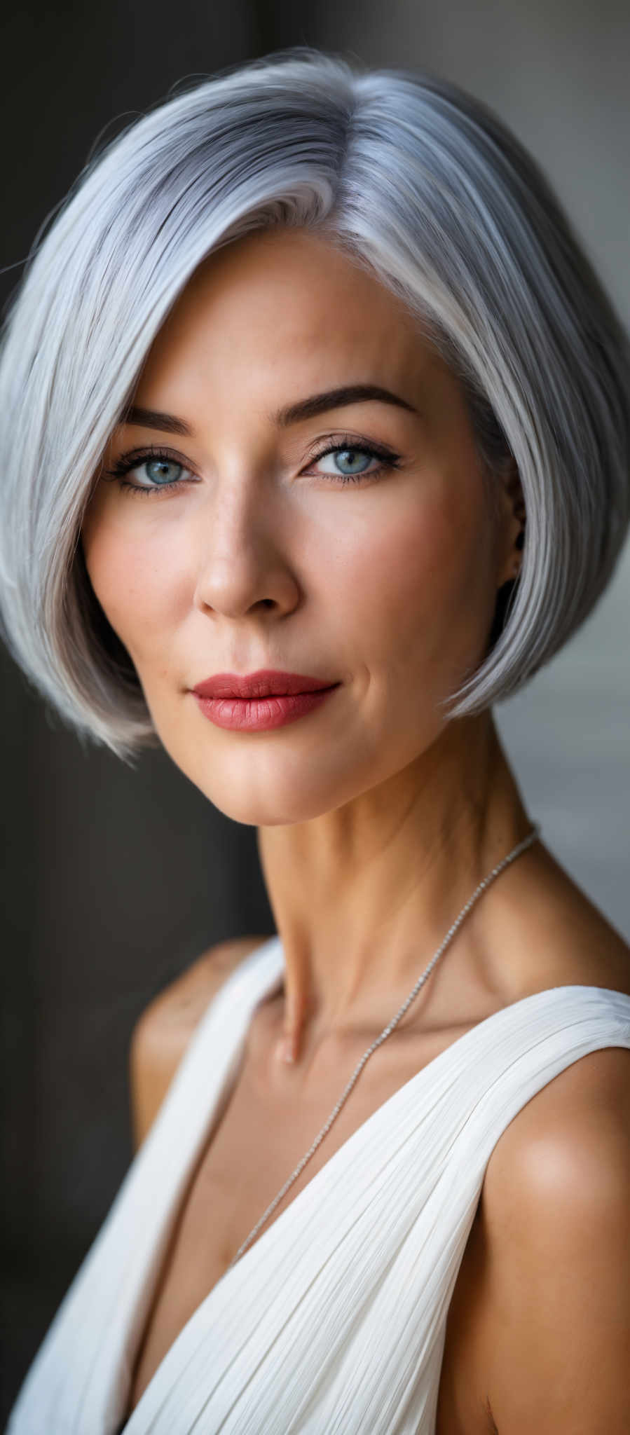 A woman with gray hair and a red lipstick.