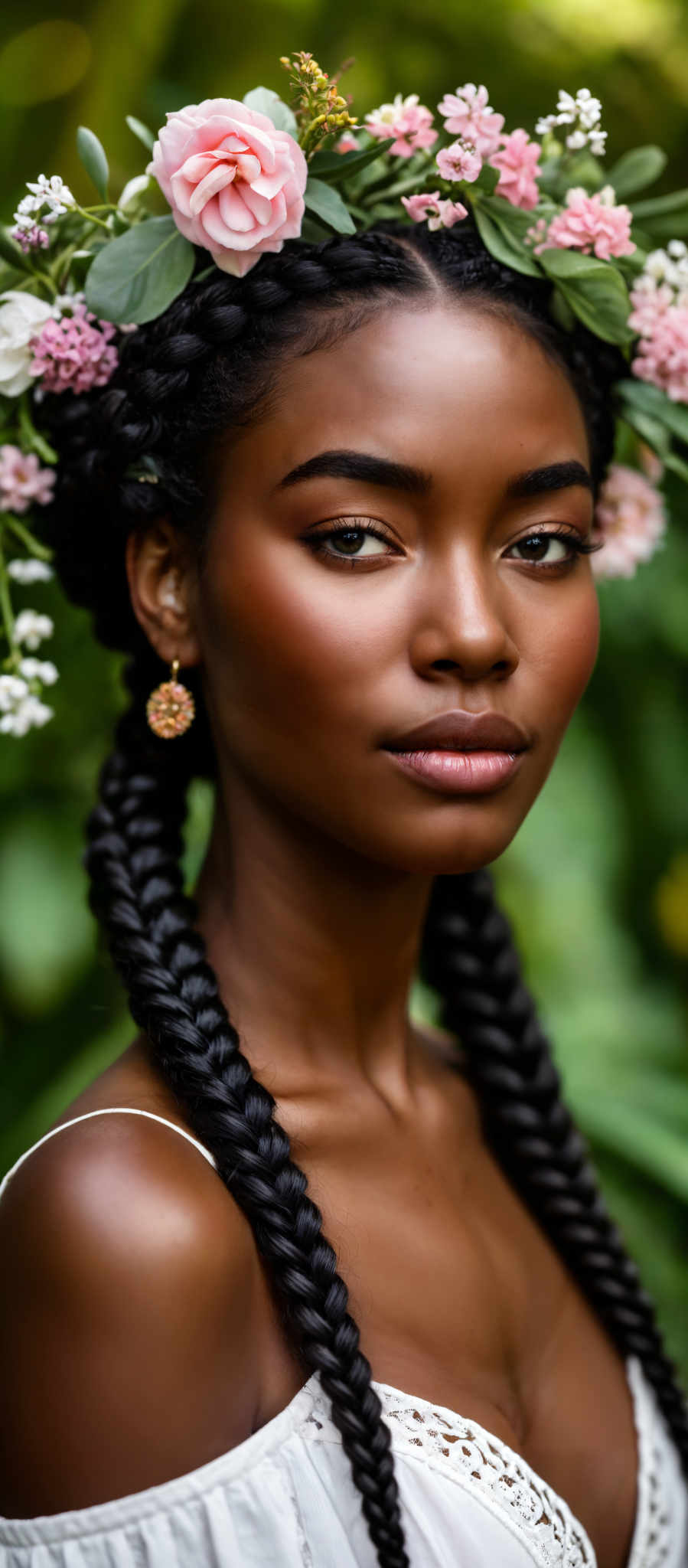 A woman with a braided ponytail is wearing gold hoop earrings.