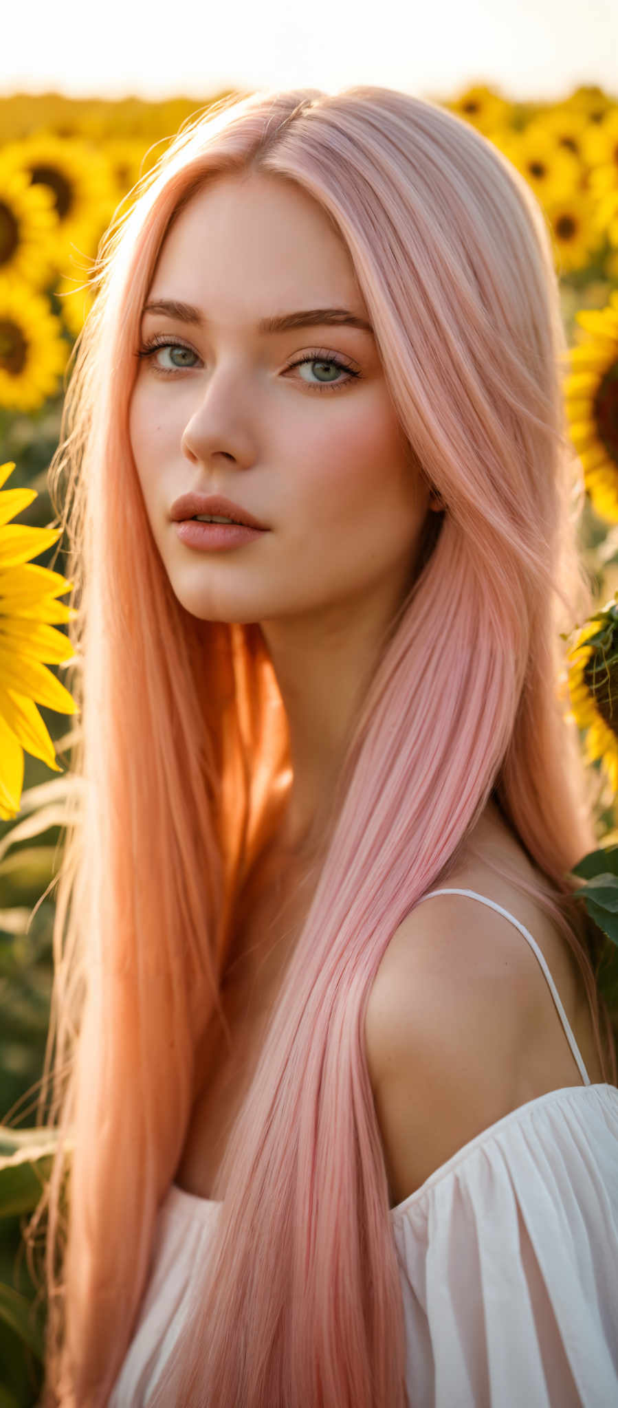 A woman with long pink hair is shown in a close up shot. She is wearing a white tank top and is surrounded by yellow flowers.