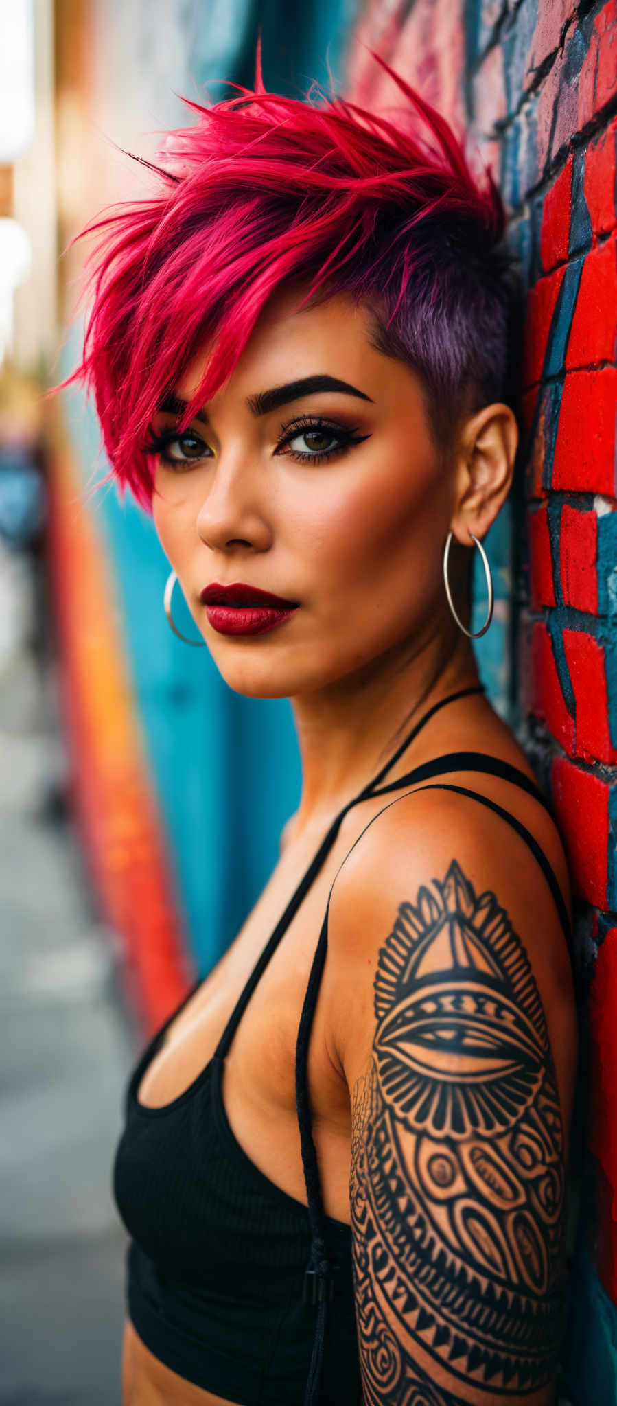 A woman with red hair and a tattoo on her arm.