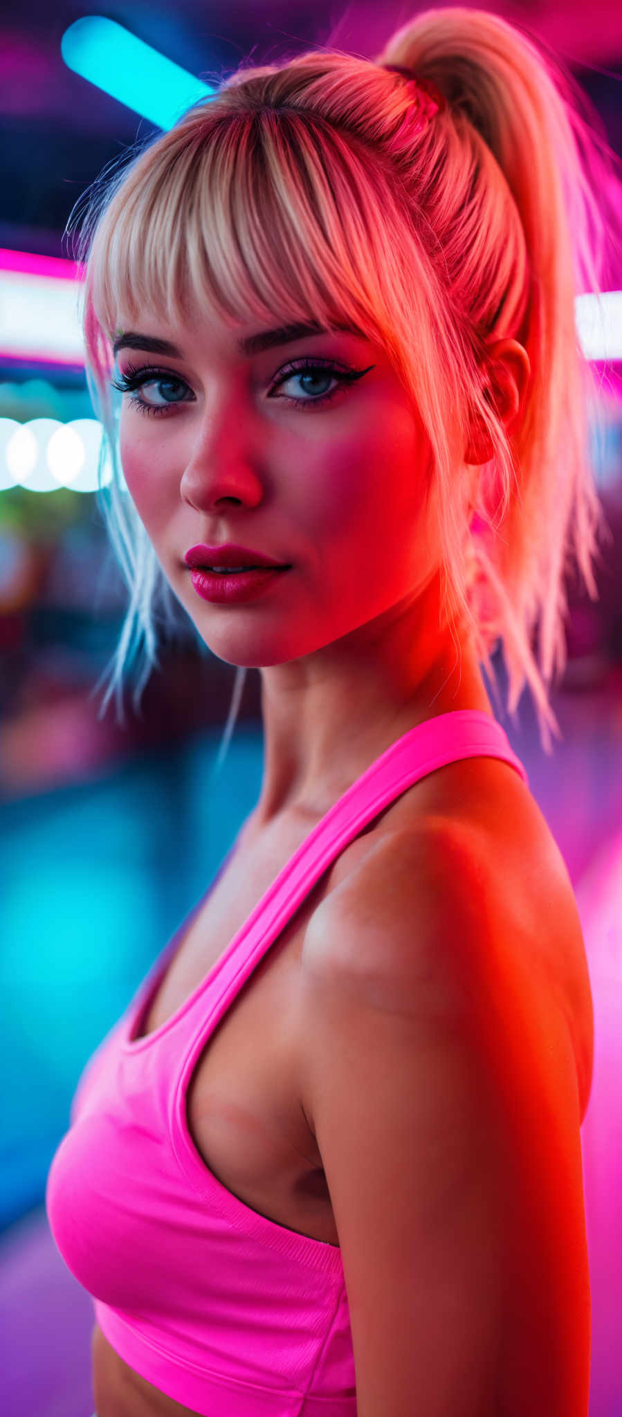 A blonde woman with a pink tank top and red hair.