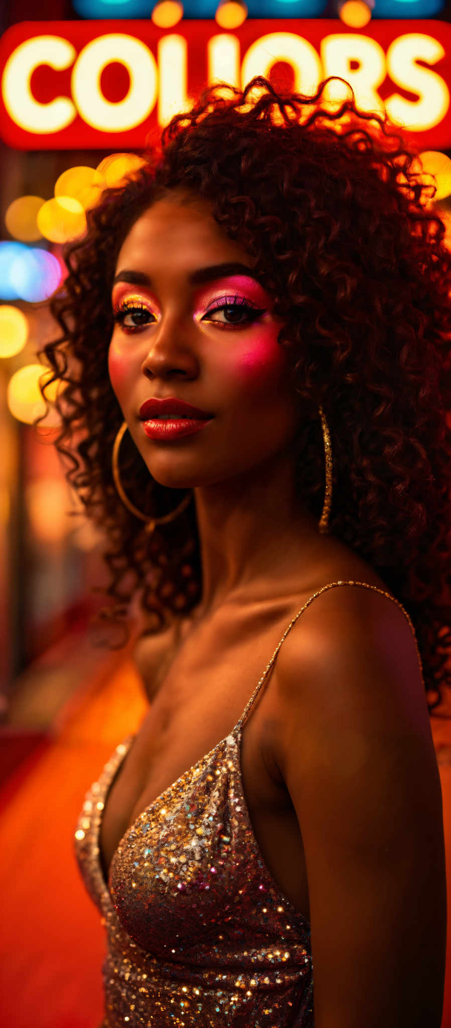 A woman with long curly hair and gold hoop earrings. She is wearing a silver necklace and a gold dress. Her lipstick is pink.