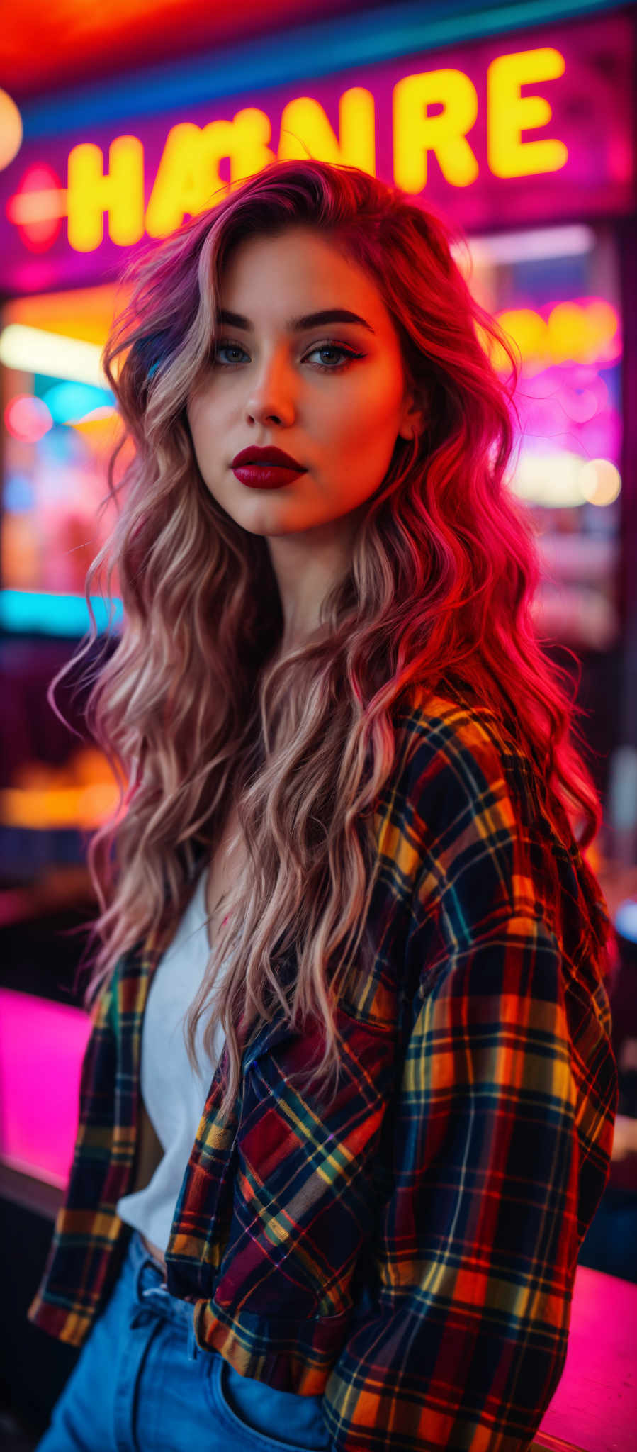 A young woman with long blonde hair and red lipstick. She is wearing a plaid shirt and looking off to the side.