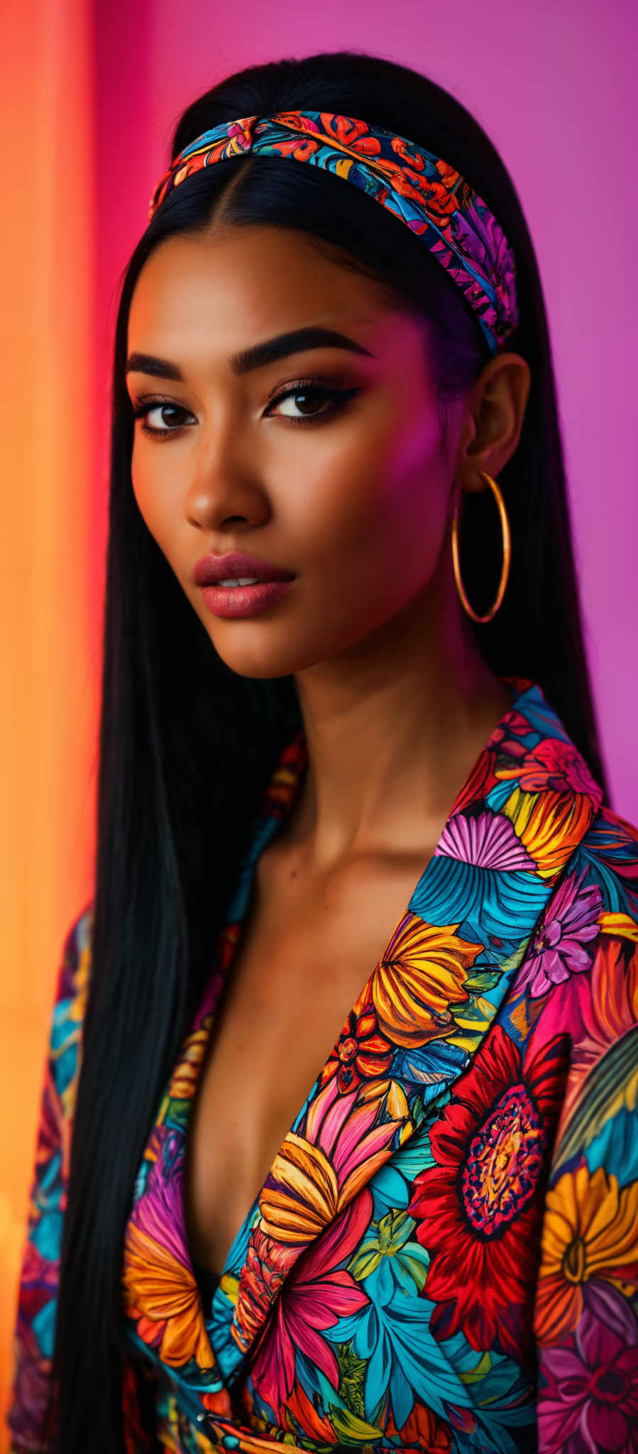 A woman with long black hair and gold hoop earrings. She is wearing a colorful floral print shirt.