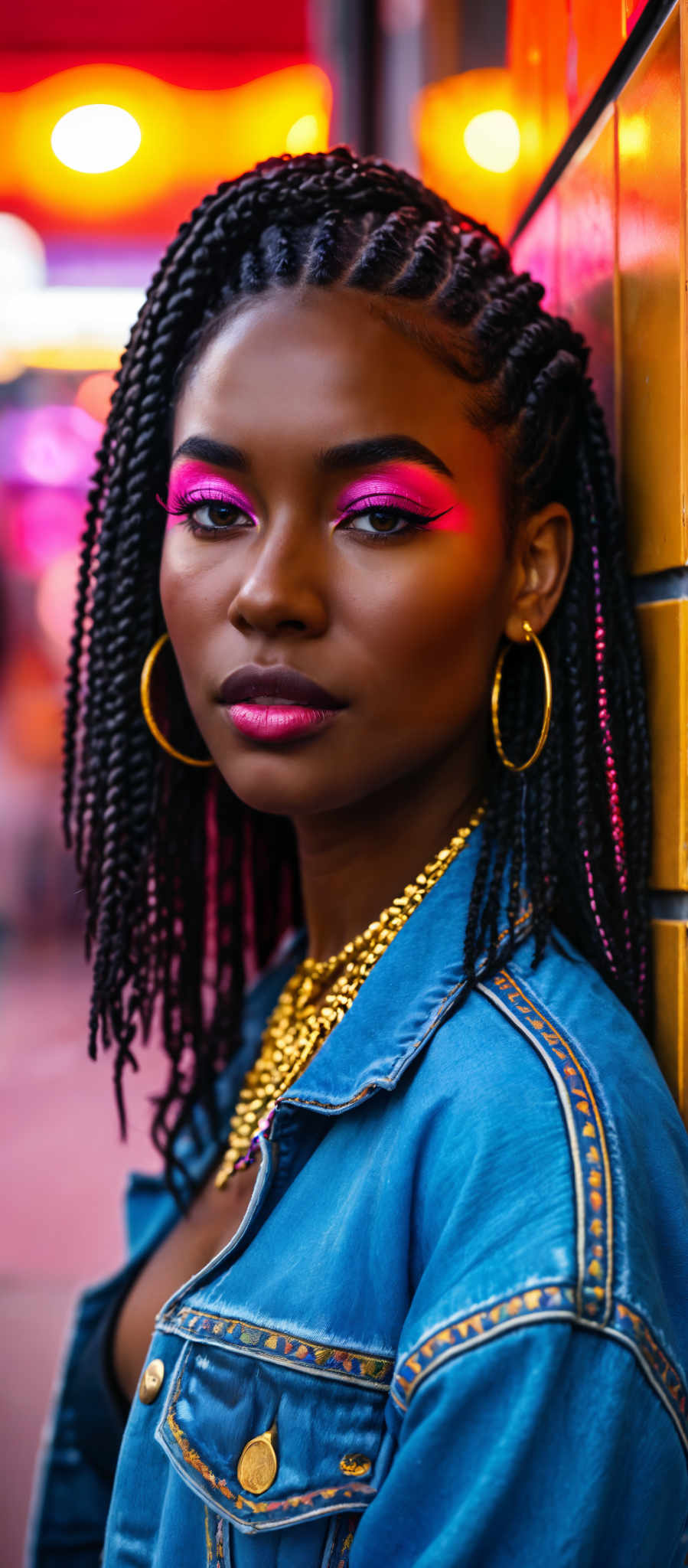 A woman with long braided hair and gold hoop earrings. She is wearing a denim jacket and a gold chain necklace. Her eye shadow is pink and she is looking off to the side.