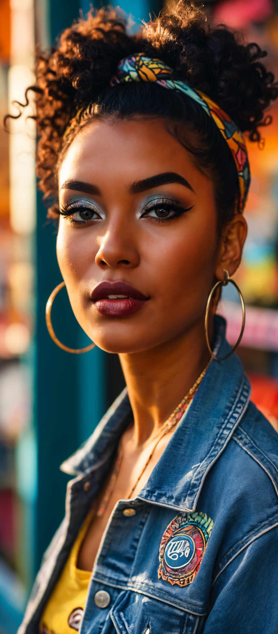 A woman with a blue denim jacket and gold hoop earrings.