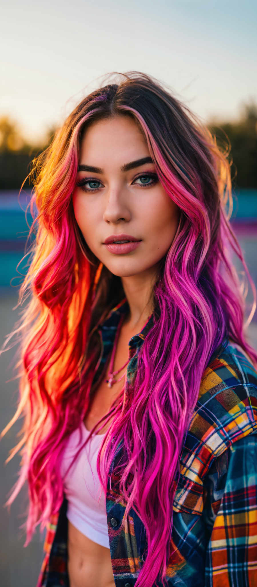 A woman with long pink hair is wearing a blue plaid shirt.