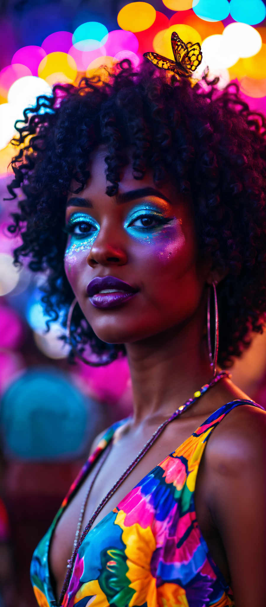 A woman with a colorful face paint and a necklace.