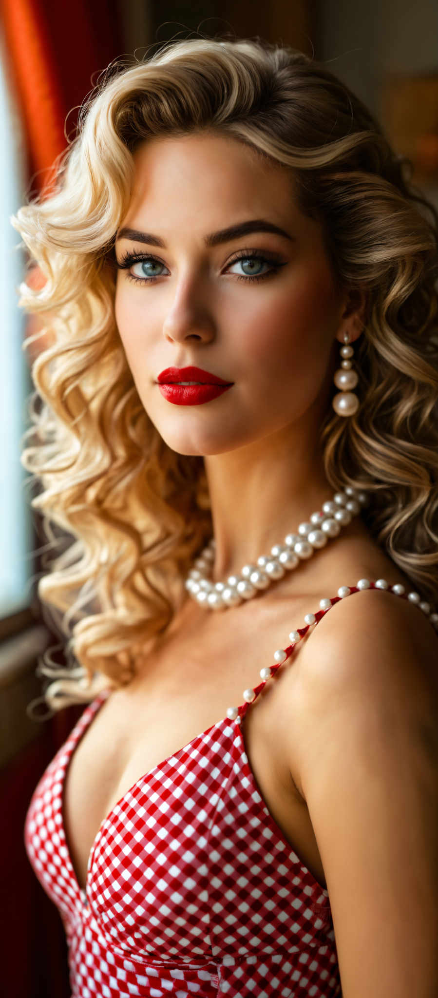 A blonde woman with red lipstick and a pearl necklace.