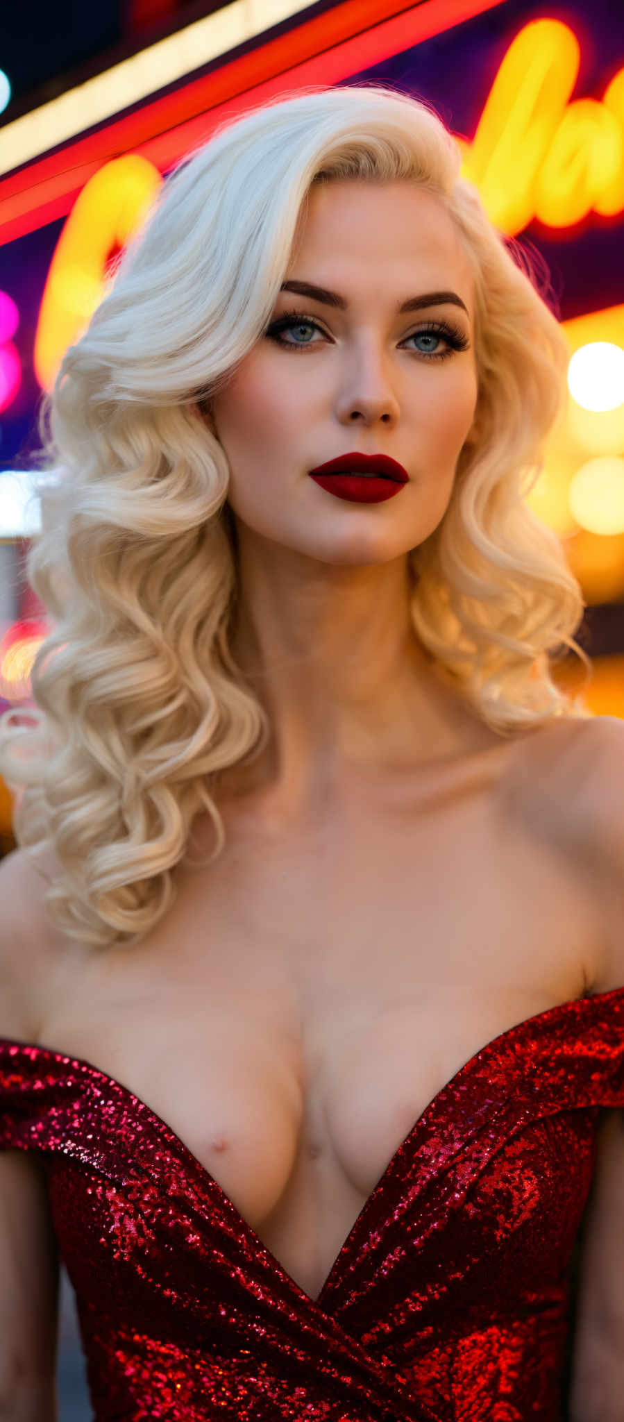 A blonde woman with red lipstick and a red dress.