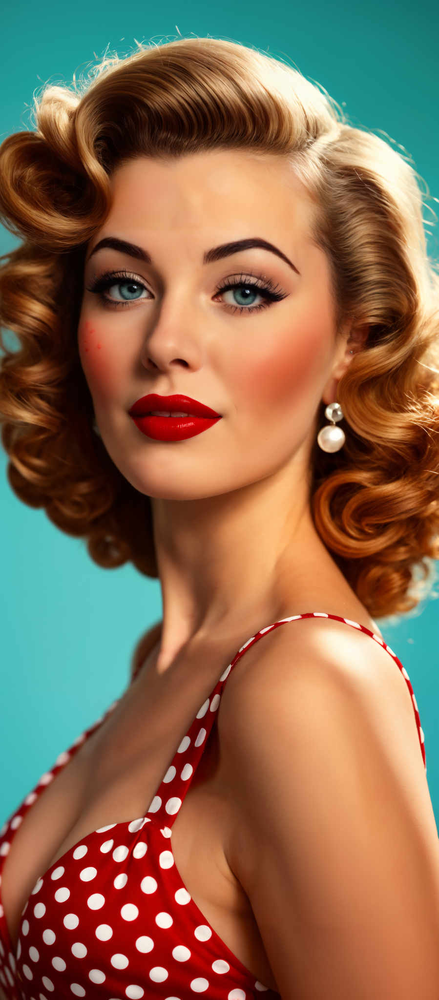 A woman with red lipstick and a red and white striped dress.