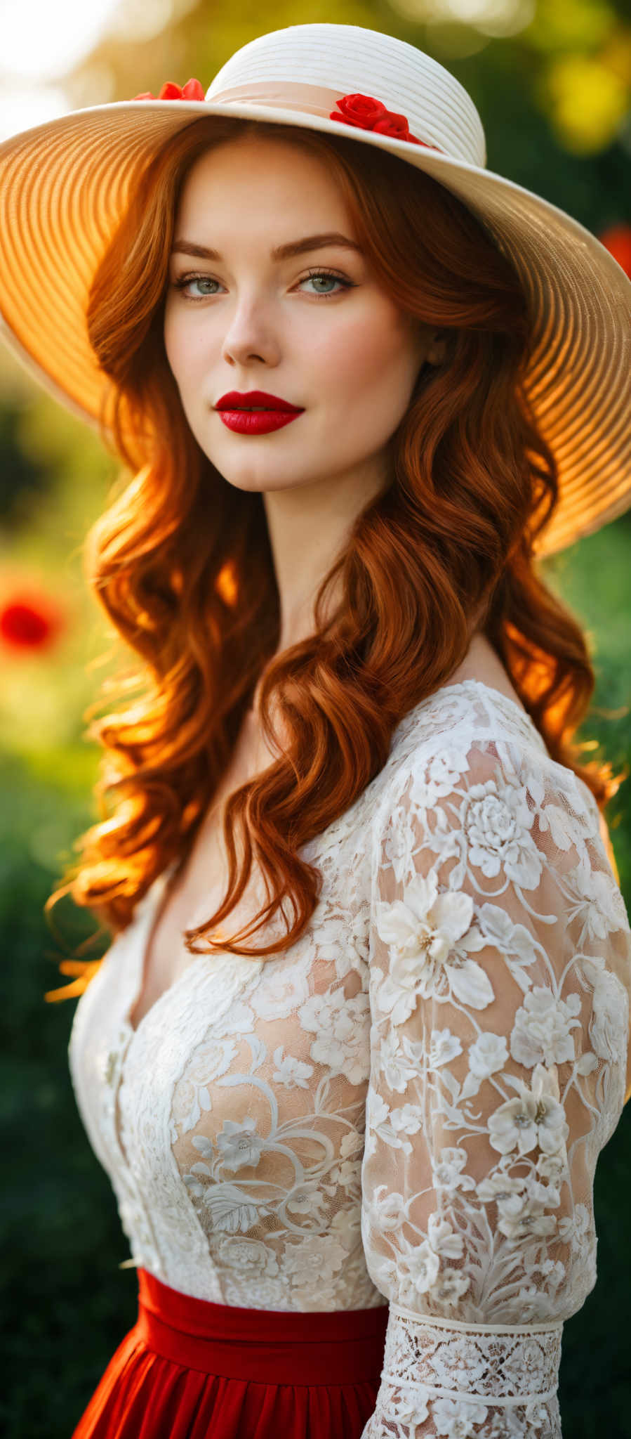 A woman with red hair is wearing a white lace top.