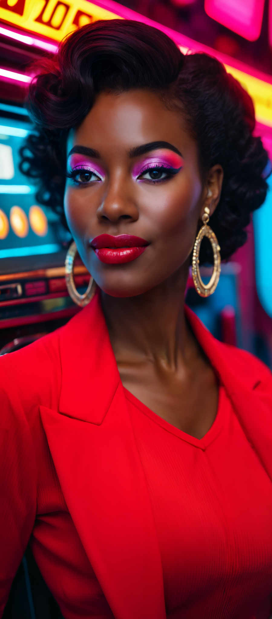 A woman wearing a red blazer and gold hoop earrings.